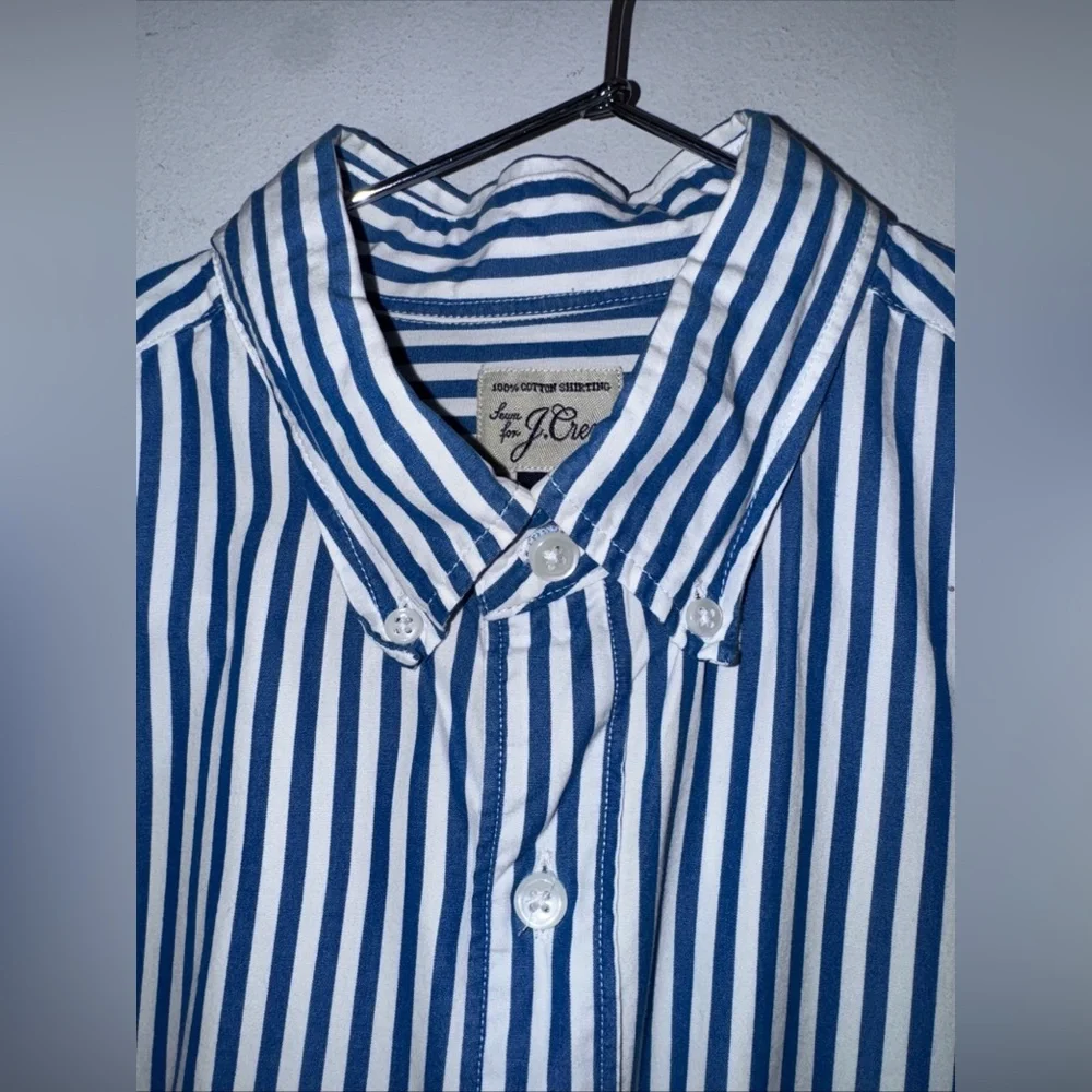 J Crew Cotton Shirting Blue‎ White Stripe Short Sleeve Collar Button Down Medium